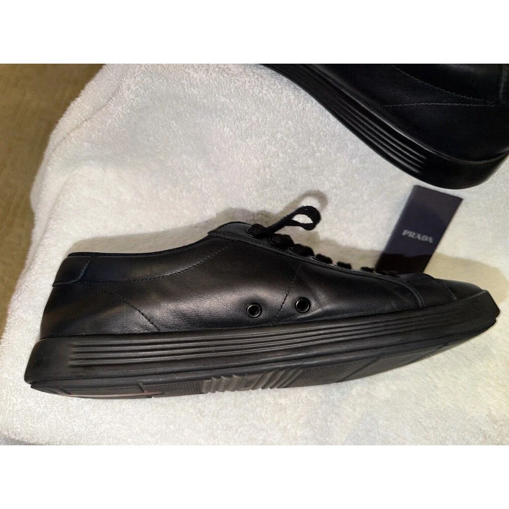 PRADA Men's Leather Lace-Up Sneaker Black/Red Stripe EU 42 US 9 4E3256